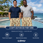 Friends in matching Men's Cherry Chomp Custom Face Beach Shorts — a group gift photo
