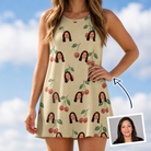 Woman wearing Women's Cherry Chomp Custom Face Tank Dress — custom faces printed all-over
