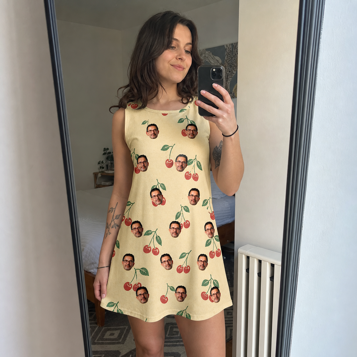 Real-life photo of someone wearing Women's Cherry Chomp Custom Face Tank Dress — custom faces printed all-over