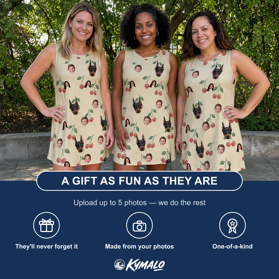 Friends in matching Women's Cherry Chomp Custom Face Tank Dress — a group gift photo