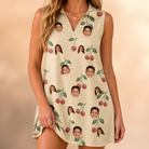 Model wearing Women's Cherry Chomp Custom Face V-Neck Dress printed with kids' faces