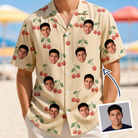 Man wearing Men's Cherry Chomp Custom Face Hawaiian Shirt — custom faces printed all-over