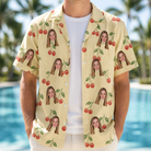 Man wearing Men's Cherry Chomp Custom Face Hawaiian Shirt open over a white tee