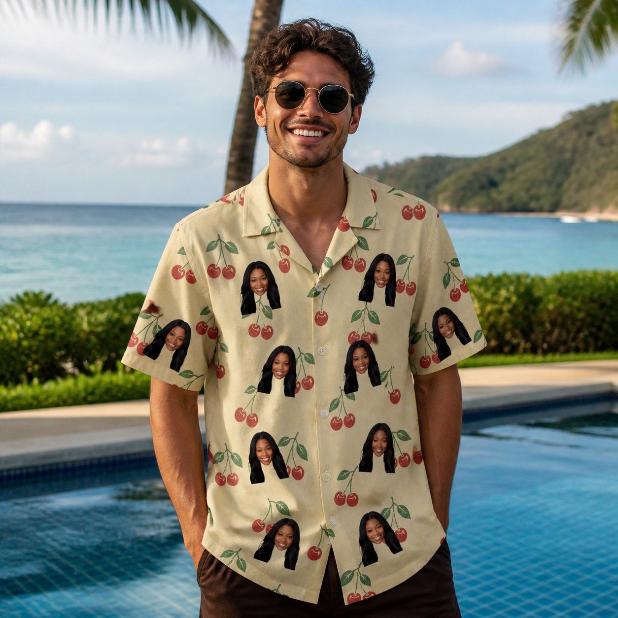 Real-life photo of someone wearing Men's Cherry Chomp Custom Face Hawaiian Shirt — custom faces printed all-over