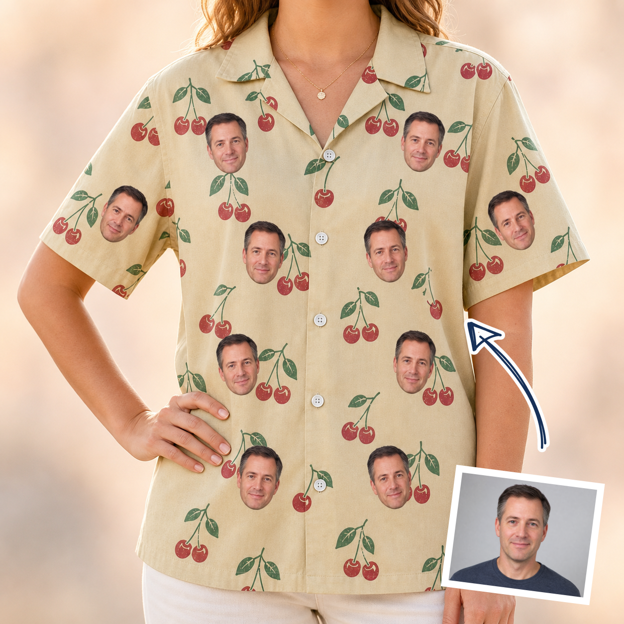 Woman wearing Women's Cherry Chomp Custom Face Hawaiian Shirt — custom faces printed all-over