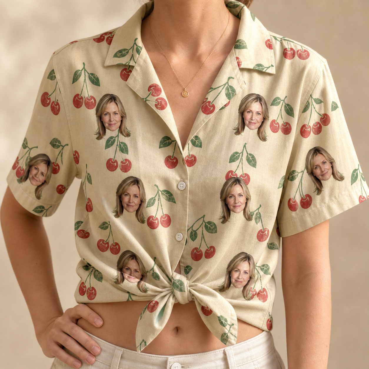 Woman wearing Women's Cherry Chomp Custom Face Hawaiian Shirt tied at the waist
