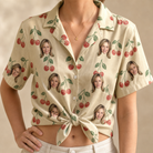 Woman wearing Women's Cherry Chomp Custom Face Hawaiian Shirt tied at the waist