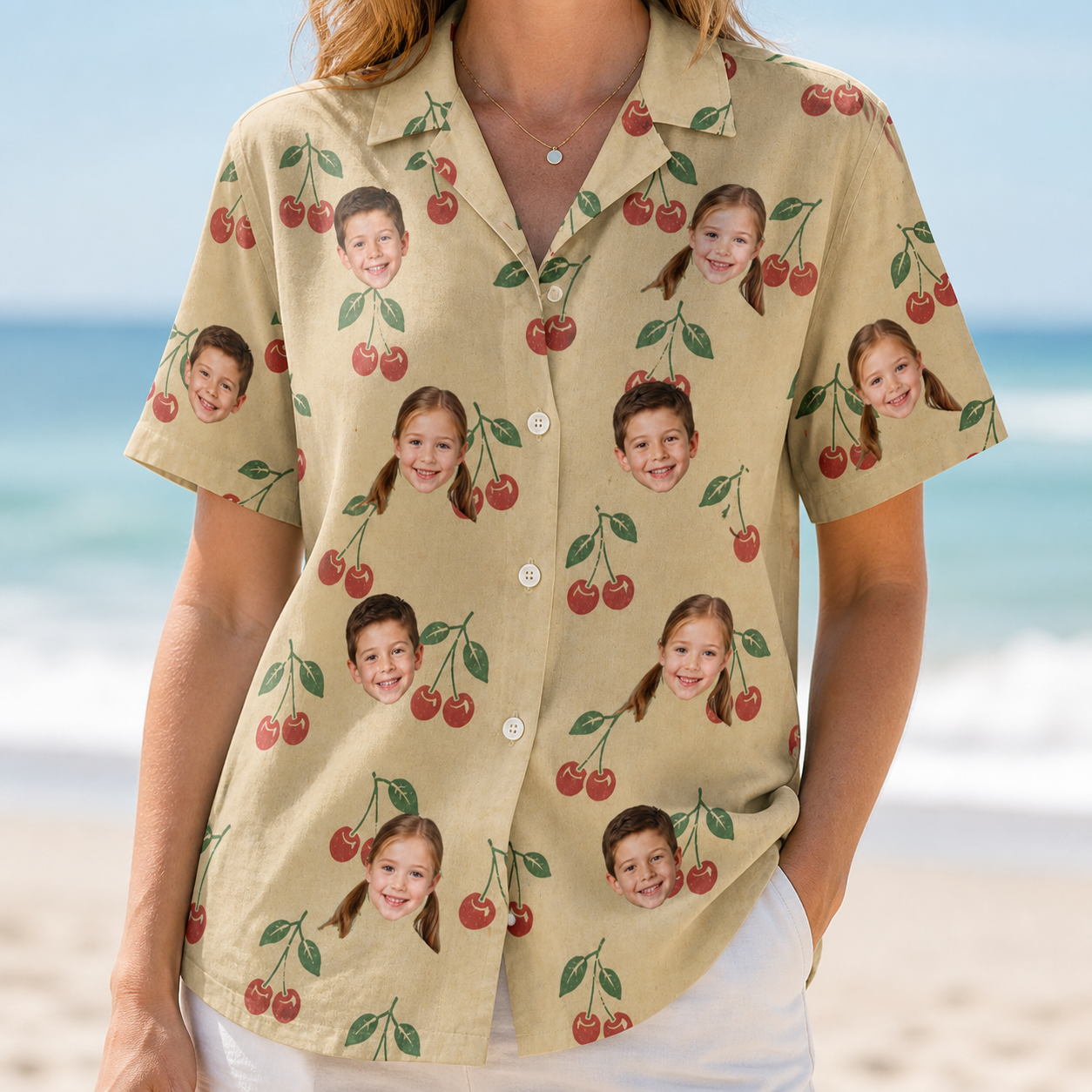Model wearing Women's Cherry Chomp Custom Face Hawaiian Shirt printed with kids' faces