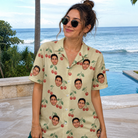 Real-life photo of someone wearing Women's Cherry Chomp Custom Face Hawaiian Shirt — custom faces printed all-over