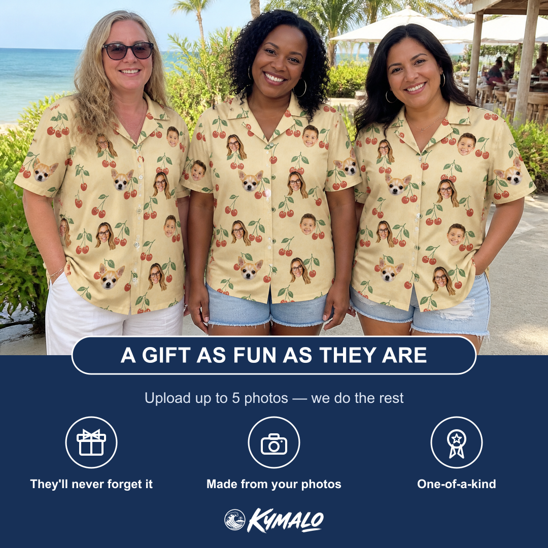 Friends in matching Women's Cherry Chomp Custom Face Hawaiian Shirt — a group gift photo
