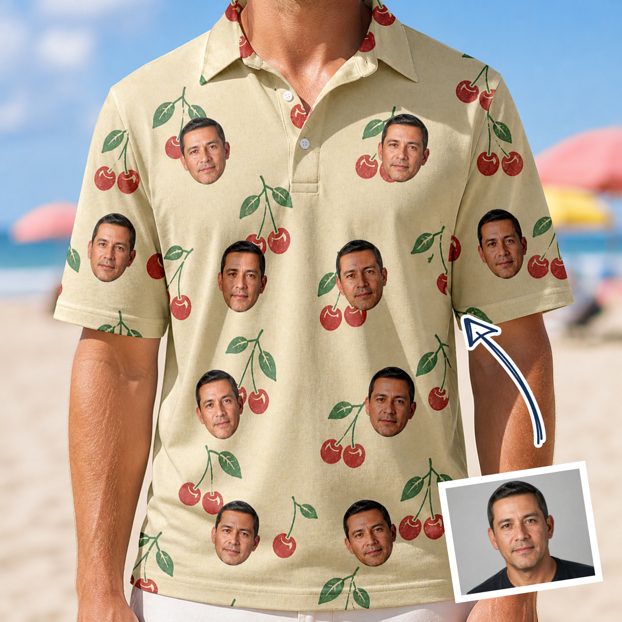 Man wearing Men's Cherry Chomp Custom Face Polo Shirt — custom faces printed all-over