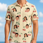 Model wearing Men's Cherry Chomp Custom Face Polo Shirt printed with kids' faces