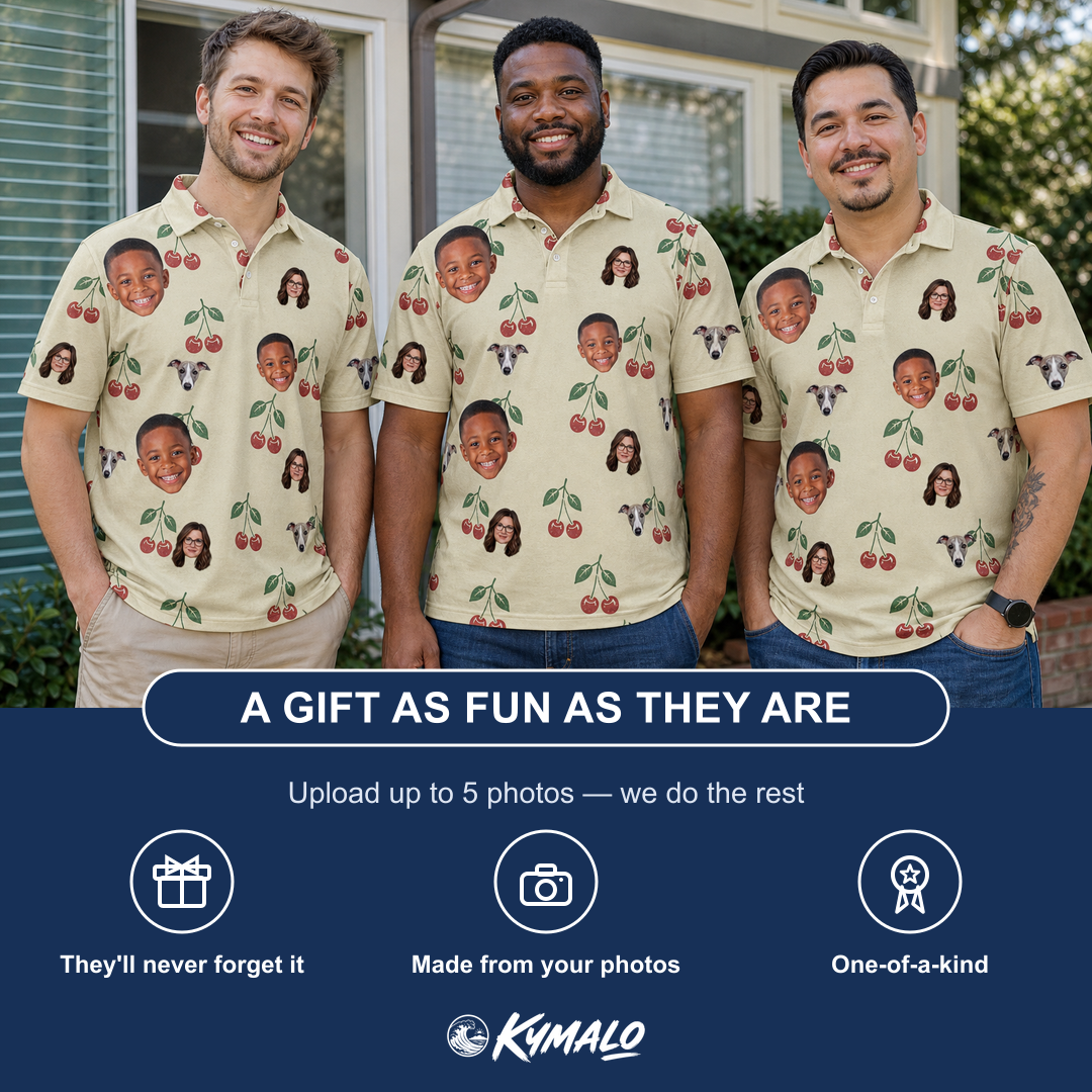 Friends in matching Men's Cherry Chomp Custom Face Polo Shirt — a group gift photo