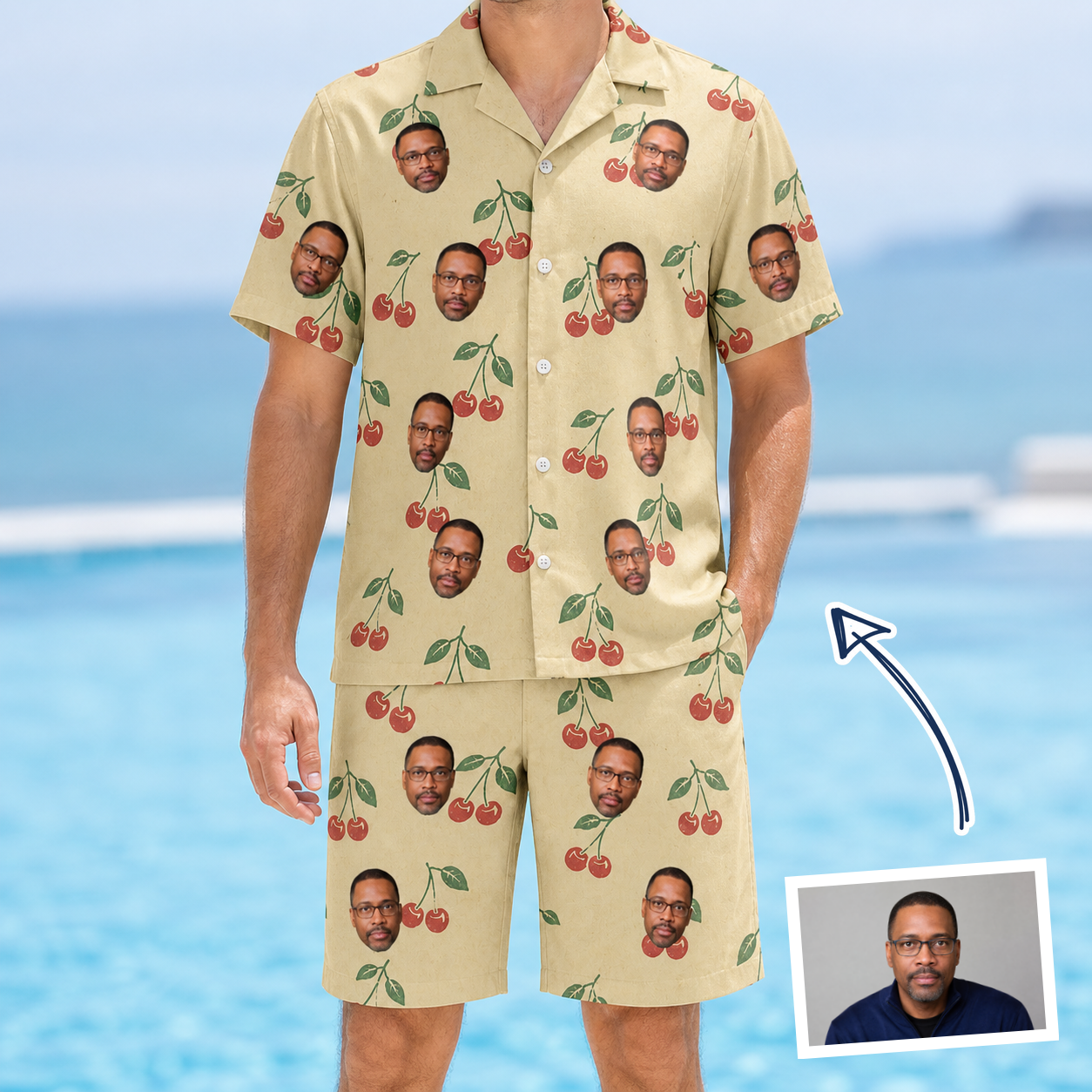 Man wearing Men's Cherry Chomp Custom Face Shirt & Shorts Set — custom faces printed all-over