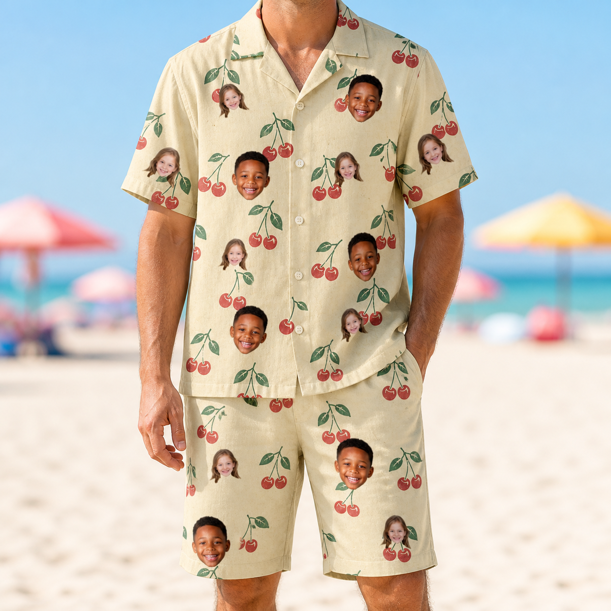 Model wearing Men's Cherry Chomp Custom Face Shirt & Shorts Set printed with kids' faces