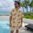 Real-life photo of someone wearing Men's Cherry Chomp Custom Face Shirt & Shorts Set — custom faces printed all-over