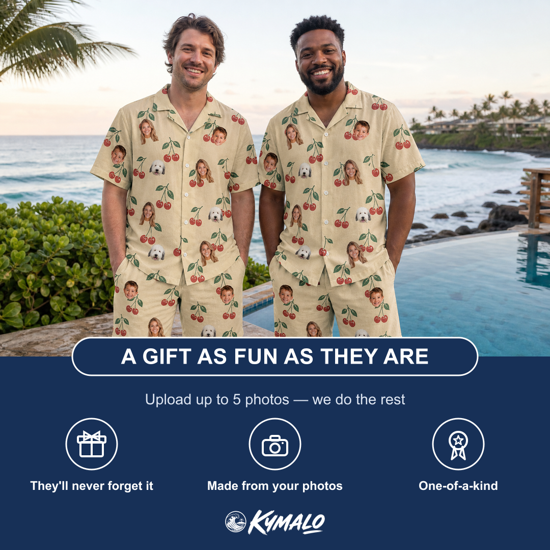 Friends in matching Men's Cherry Chomp Custom Face Shirt & Shorts Set — a group gift photo