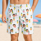 Model wearing Men's Tangy Tresses Custom Face Beach Shorts printed with kids' faces