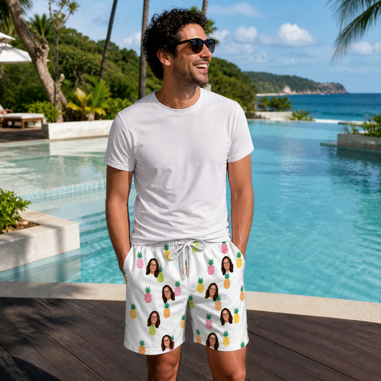Real-life photo of someone wearing Men's Tangy Tresses Custom Face Beach Shorts — custom faces printed all-over