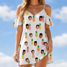Model wearing Women's Tangy Tresses Custom Face Off-Shoulder Dress printed with kids' faces
