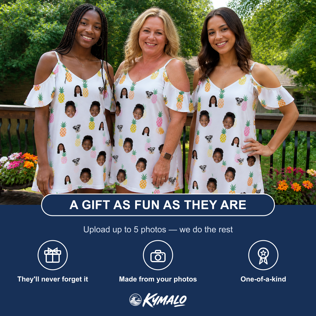 Friends in matching Women's Tangy Tresses Custom Face Off-Shoulder Dress — a group gift photo