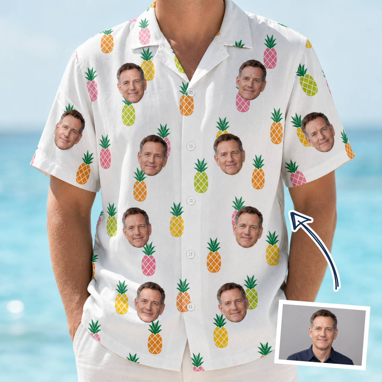 Man wearing Men's Tangy Tresses Custom Face Hawaiian Shirt — custom faces printed all-over