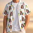 Man wearing Men's Tangy Tresses Custom Face Hawaiian Shirt open over a white tee