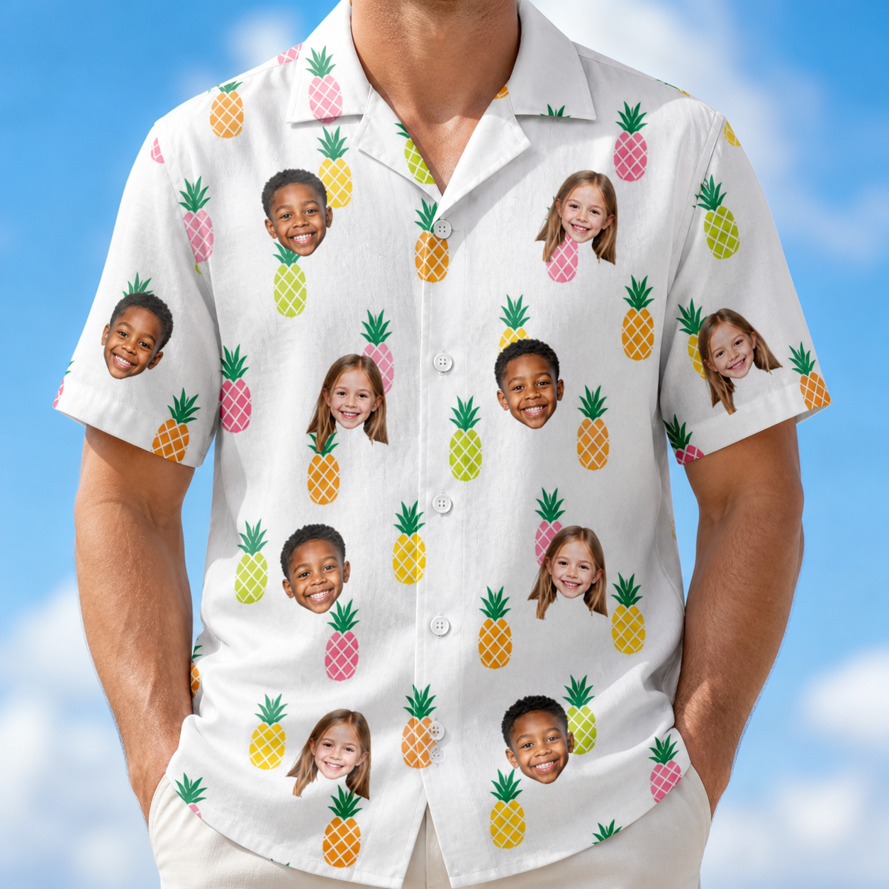 Model wearing Men's Tangy Tresses Custom Face Hawaiian Shirt printed with kids' faces
