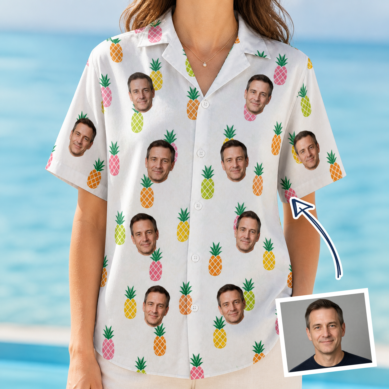 Woman wearing Women's Tangy Tresses Custom Face Hawaiian Shirt — custom faces printed all-over