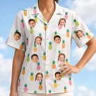 Model wearing Women's Tangy Tresses Custom Face Hawaiian Shirt printed with kids' faces