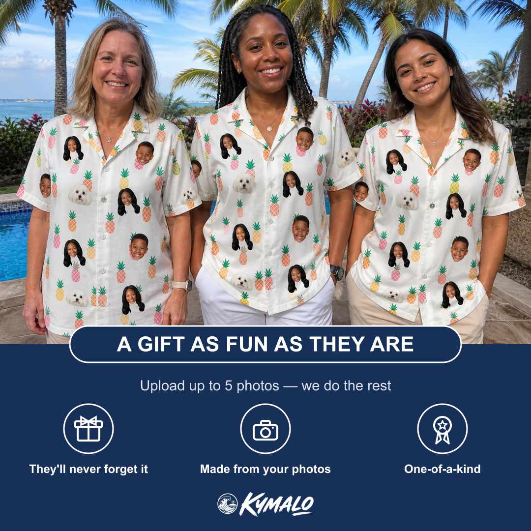 Friends in matching Women's Tangy Tresses Custom Face Hawaiian Shirt — a group gift photo
