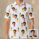 Man wearing Men's Tangy Tresses Custom Face Polo Shirt — custom faces printed all-over
