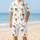 Model wearing Men's Tangy Tresses Custom Face Shirt & Shorts Set printed with kids' faces