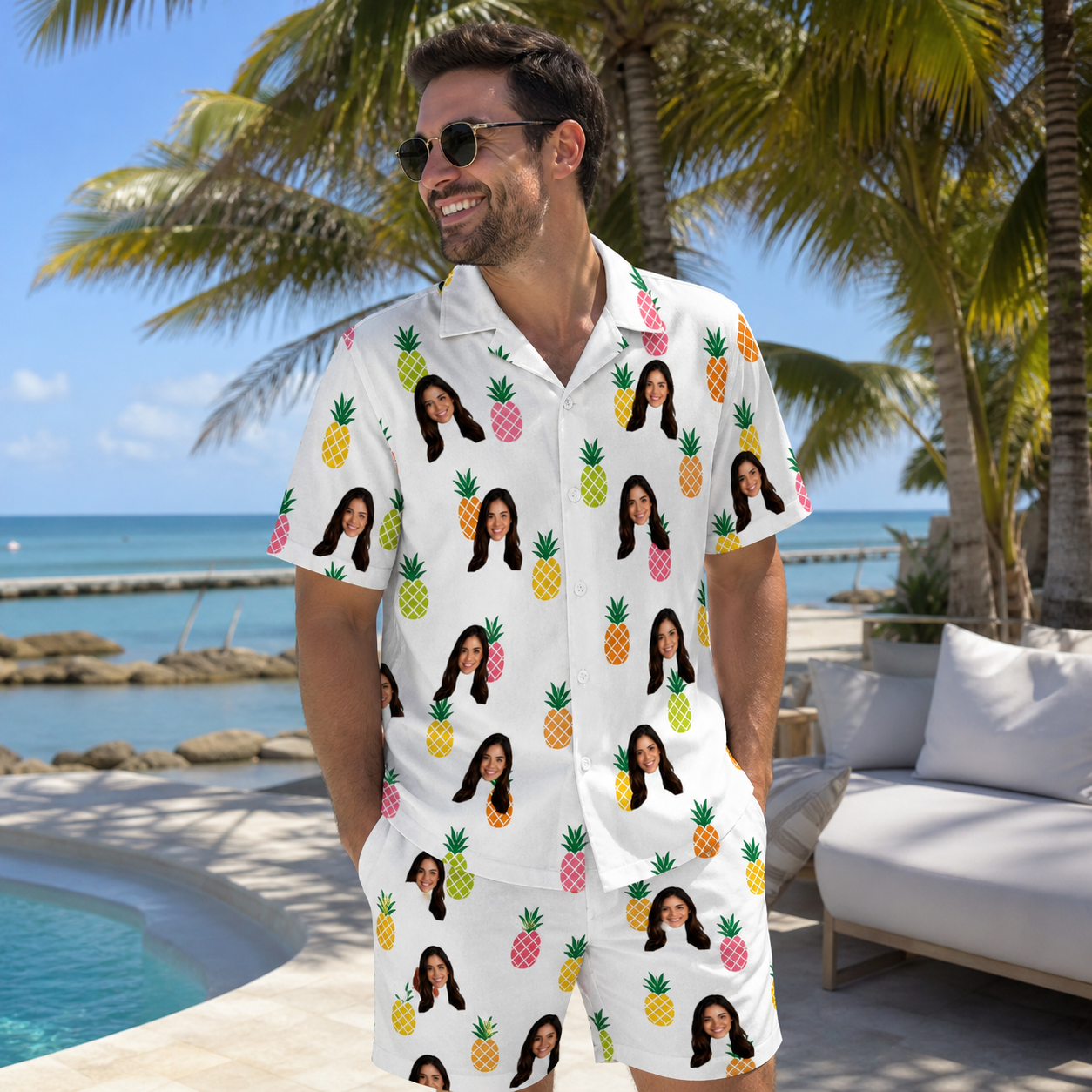 Real-life photo of someone wearing Men's Tangy Tresses Custom Face Shirt & Shorts Set — custom faces printed all-over