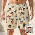 Man wearing Men's Cobalt Cobblers Custom Face Beach Shorts — custom faces printed all-over