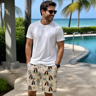 Real-life photo of someone wearing Men's Cobalt Cobblers Custom Face Beach Shorts — custom faces printed all-over
