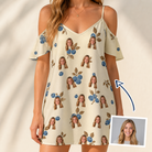 Woman wearing Women's Cobalt Cobblers Custom Face Off-Shoulder Dress — custom faces printed all-over