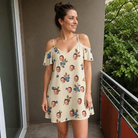 Real-life photo of someone wearing Women's Cobalt Cobblers Custom Face Off-Shoulder Dress — custom faces printed all-over
