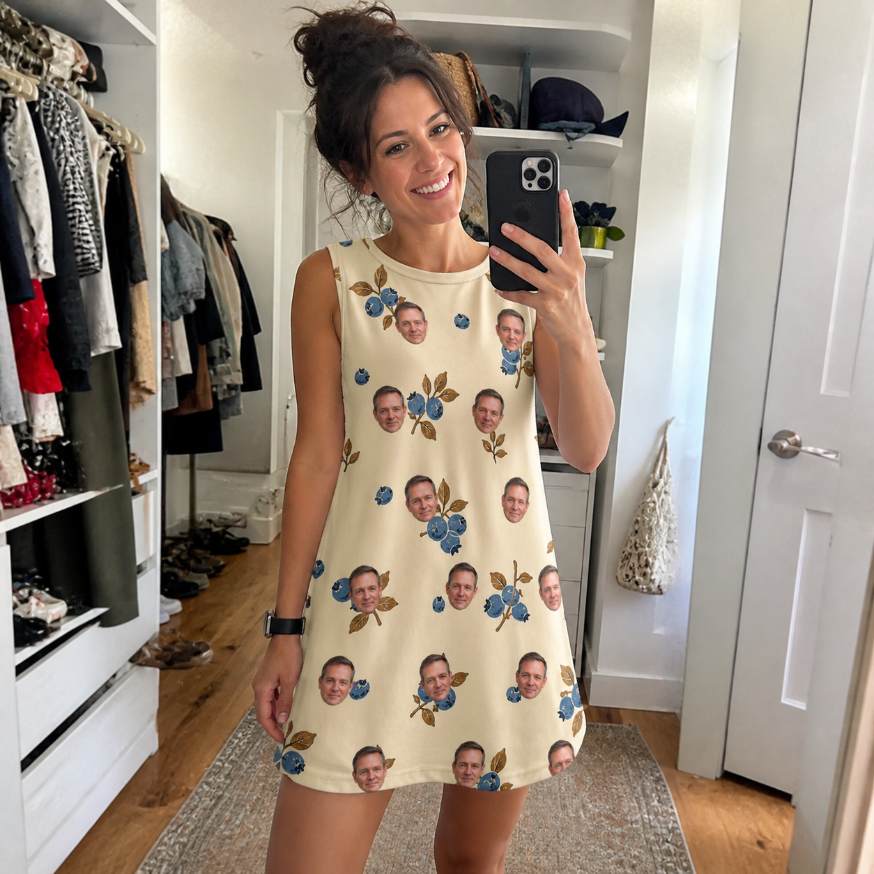 Real-life photo of someone wearing Women's Cobalt Cobblers Custom Face Tank Dress — custom faces printed all-over