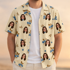 Man wearing Men's Cobalt Cobblers Custom Face Hawaiian Shirt open over a white tee