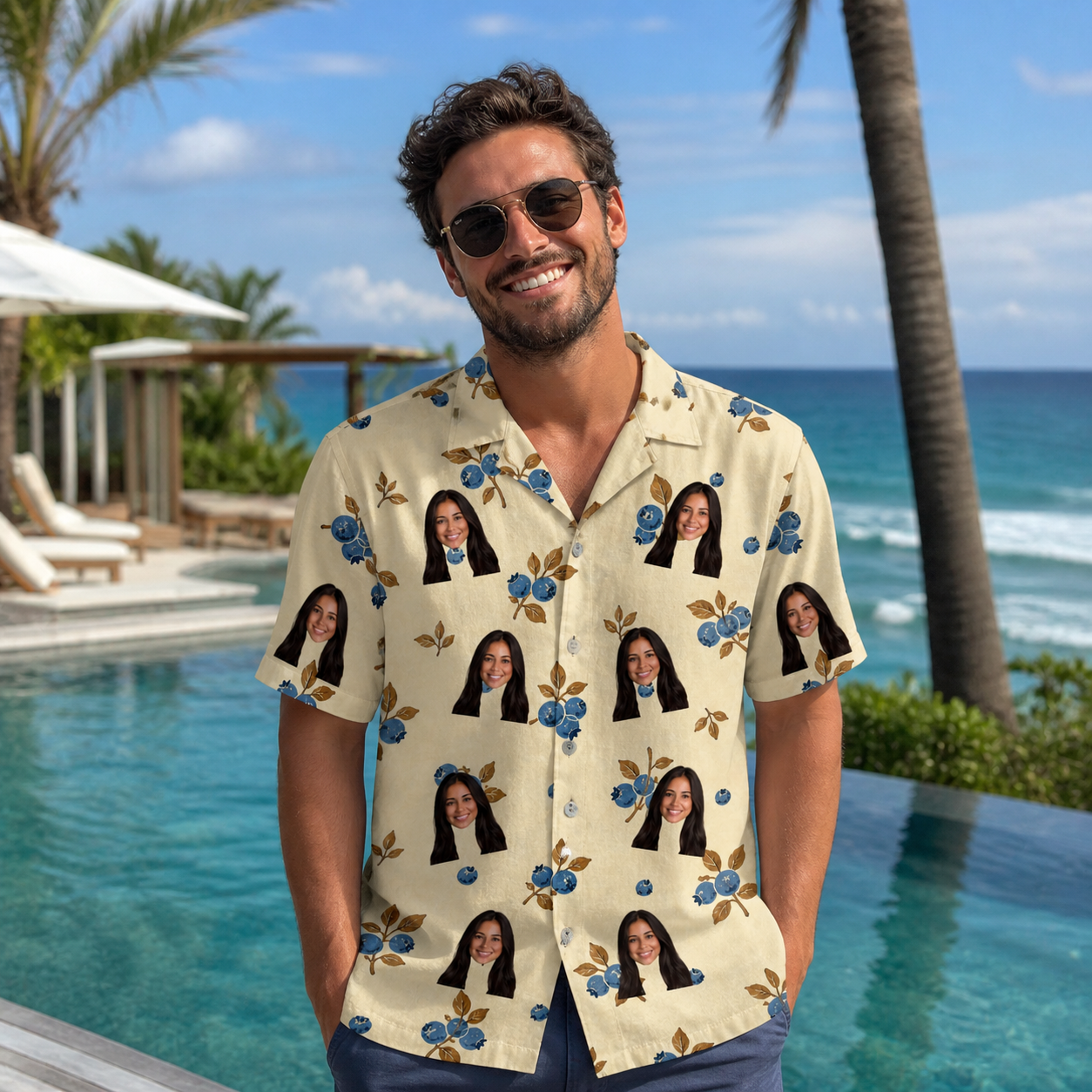 Real-life photo of someone wearing Men's Cobalt Cobblers Custom Face Hawaiian Shirt — custom faces printed all-over