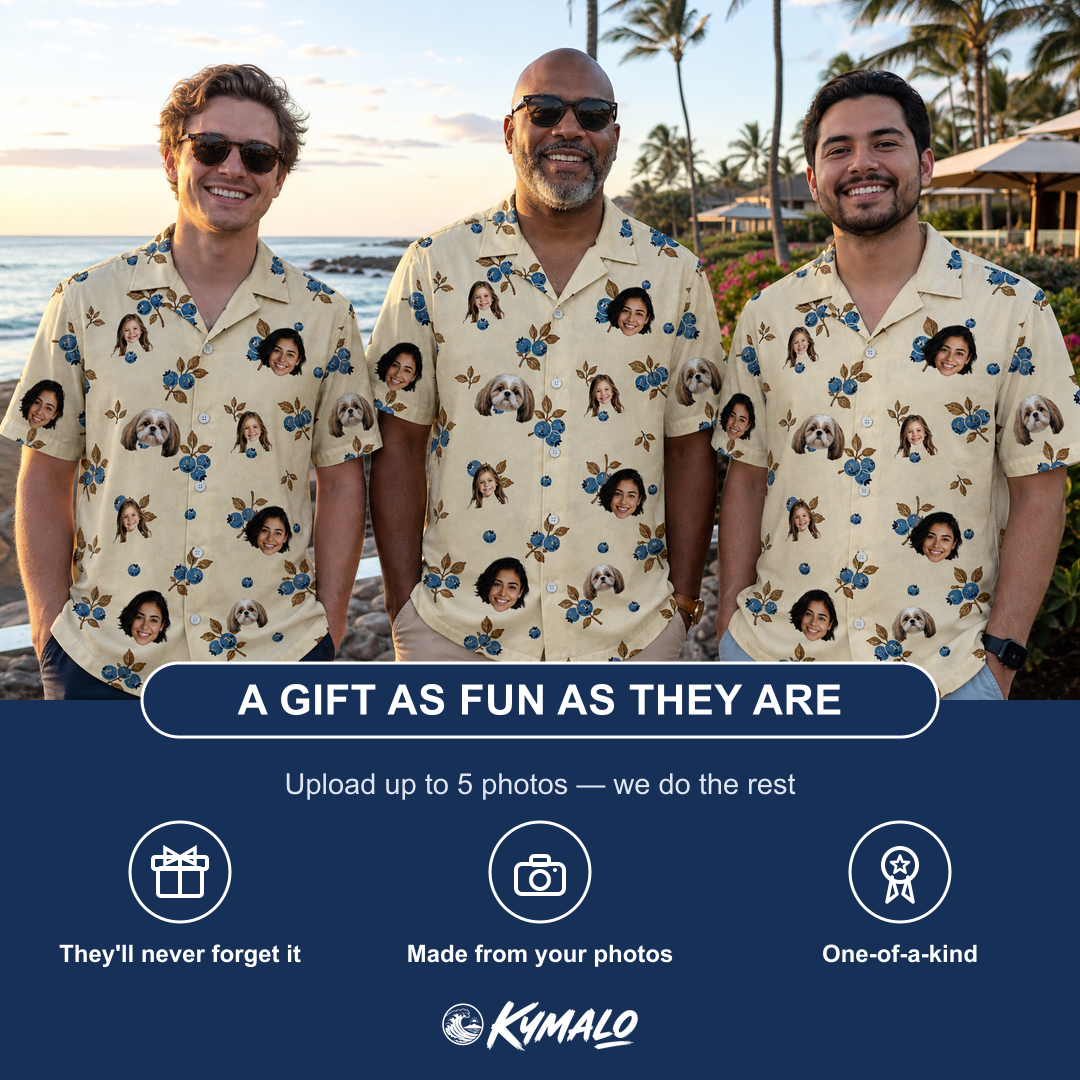 Friends in matching Men's Cobalt Cobblers Custom Face Hawaiian Shirt — a group gift photo