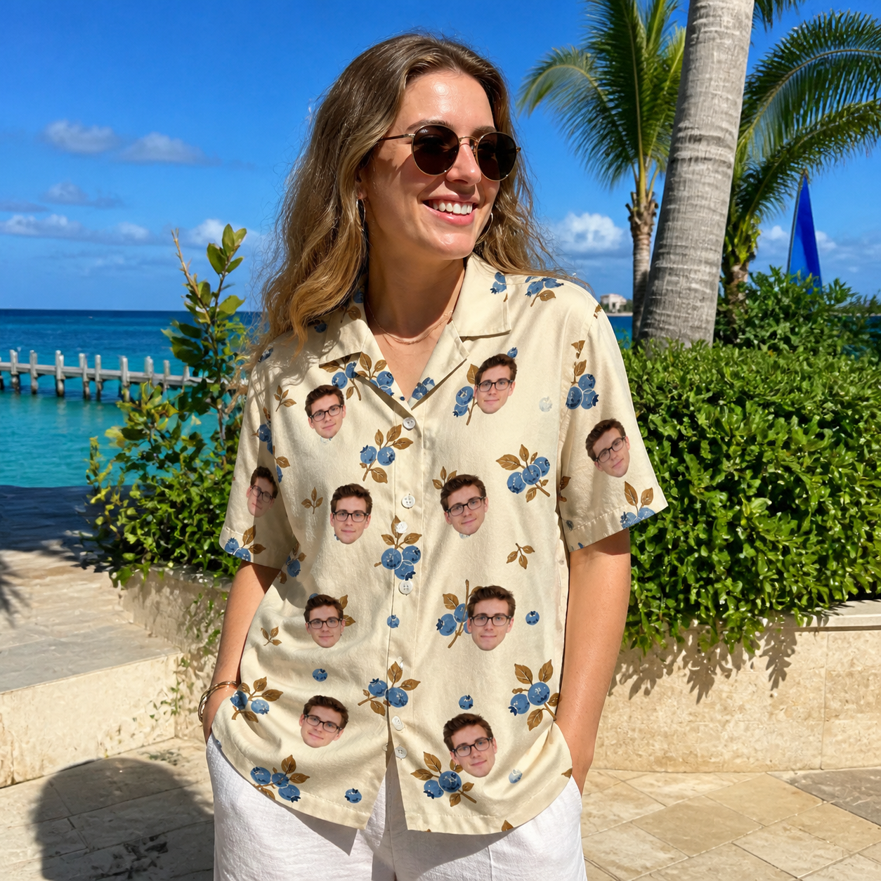 Real-life photo of someone wearing Women's Cobalt Cobblers Custom Face Hawaiian Shirt — custom faces printed all-over