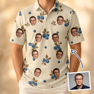 Man wearing Men's Cobalt Cobblers Custom Face Polo Shirt — custom faces printed all-over