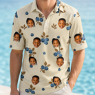 Model wearing Men's Cobalt Cobblers Custom Face Polo Shirt printed with kids' faces