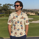 Real-life photo of someone wearing Men's Cobalt Cobblers Custom Face Polo Shirt — custom faces printed all-over
