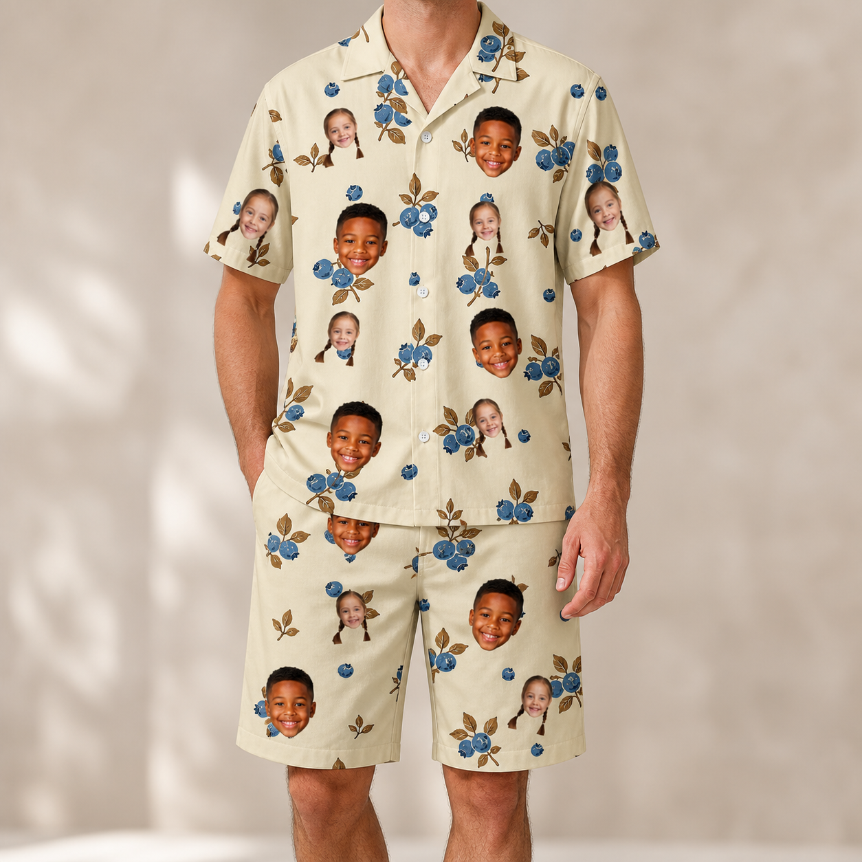 Model wearing Men's Cobalt Cobblers Custom Face Shirt & Shorts Set printed with kids' faces