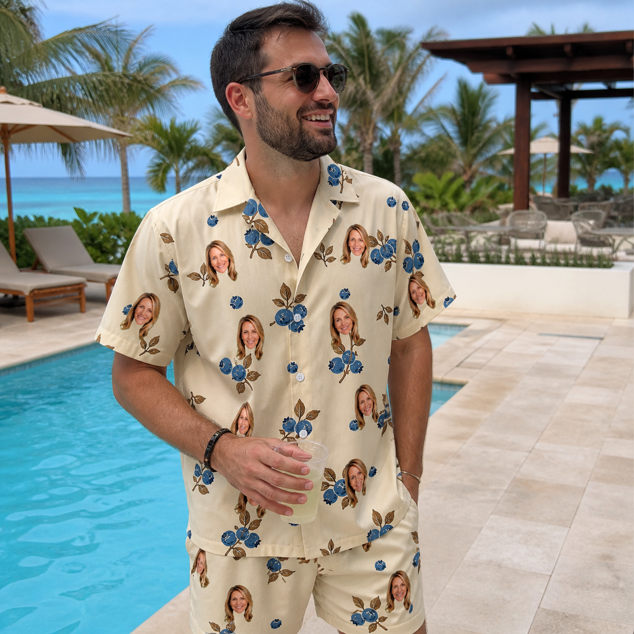 Real-life photo of someone wearing Men's Cobalt Cobblers Custom Face Shirt & Shorts Set — custom faces printed all-over