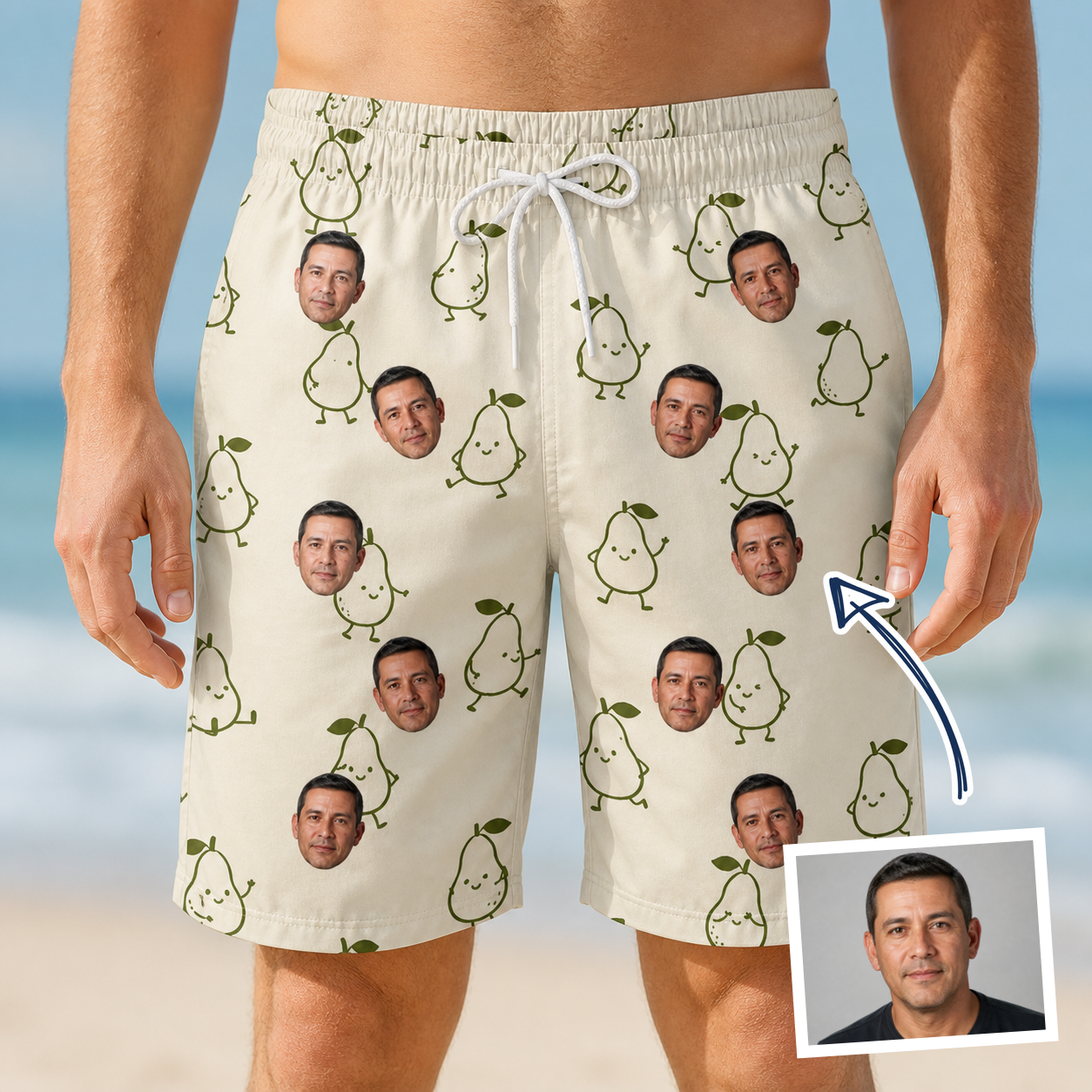 Man wearing Men's Pear Pressure Custom Face Beach Shorts — custom faces printed all-over