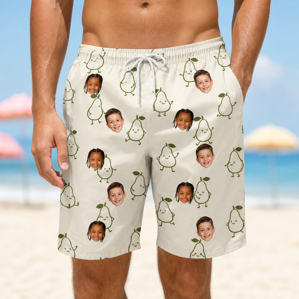 Model wearing Men's Pear Pressure Custom Face Beach Shorts printed with kids' faces